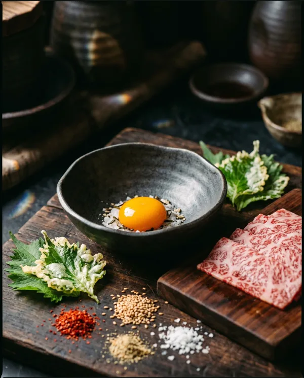 Yukhoe Kaizen — wagyu picado com gema curada, tempura de shissô e temperos