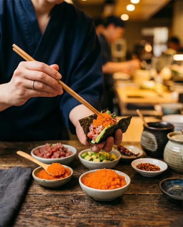 Nori Taco de Atum Picante servido à mão no balcão do Kaizen